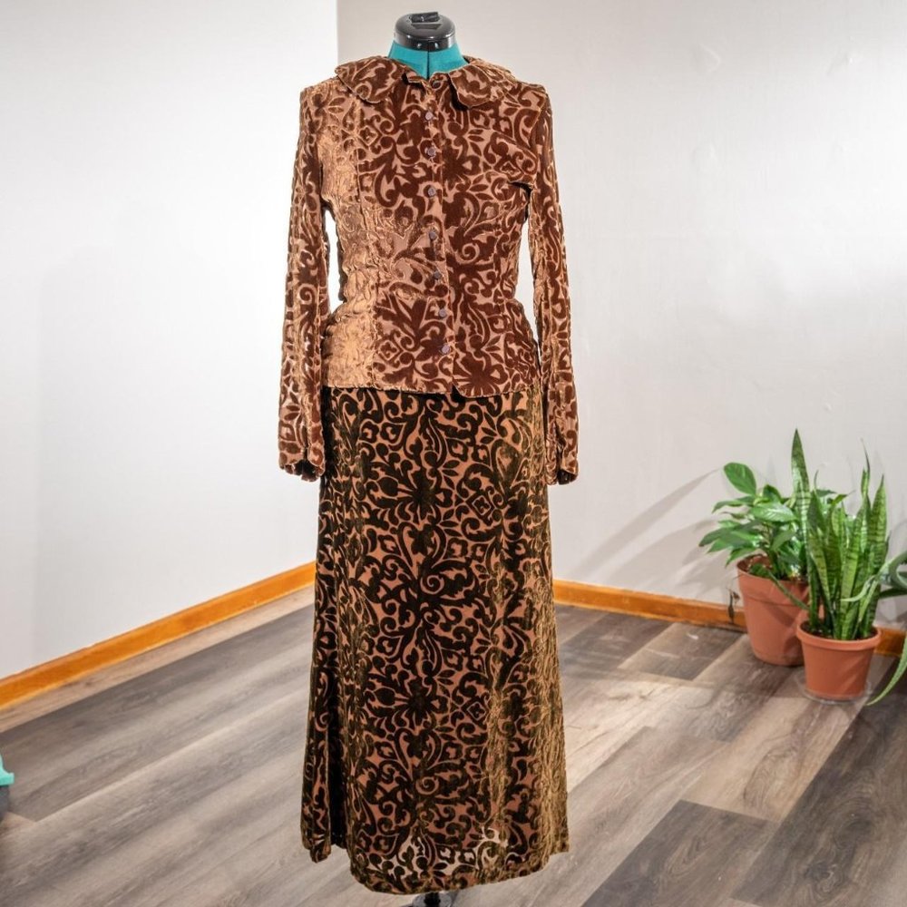 Two Piece Skirt Jacket Blouse Set Brown Velvet Size small